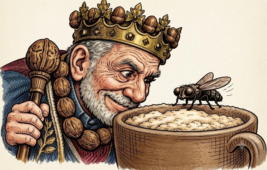 King Nut eyeing a fly on his bowl — illustration from Everybody Is Nuts