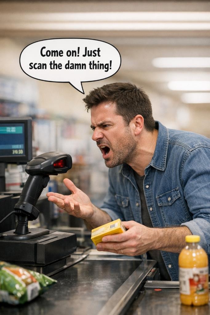 Frustrated man yelling at a self-checkout scanner — Come on! Just scan the damn thing!