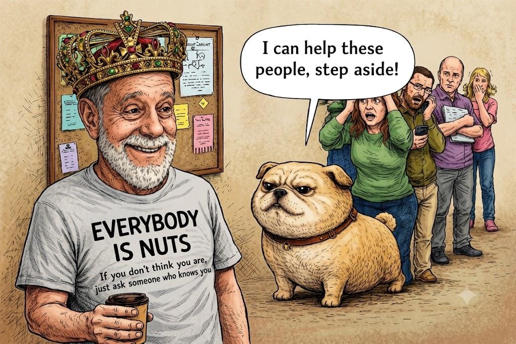 King Nut in his Everybody Is Nuts shirt confidently telling a crowd he can help them, step aside!